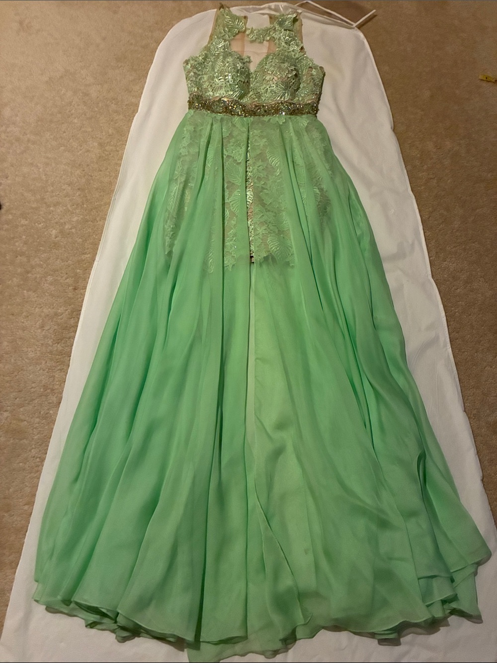 Sherri Hill Mint Green and Blush Lace Applique Dress